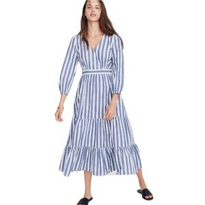 Madewell Ava Blue White  Striped Ruffle Tiered Prairie Midi Maxi Dress - 6
